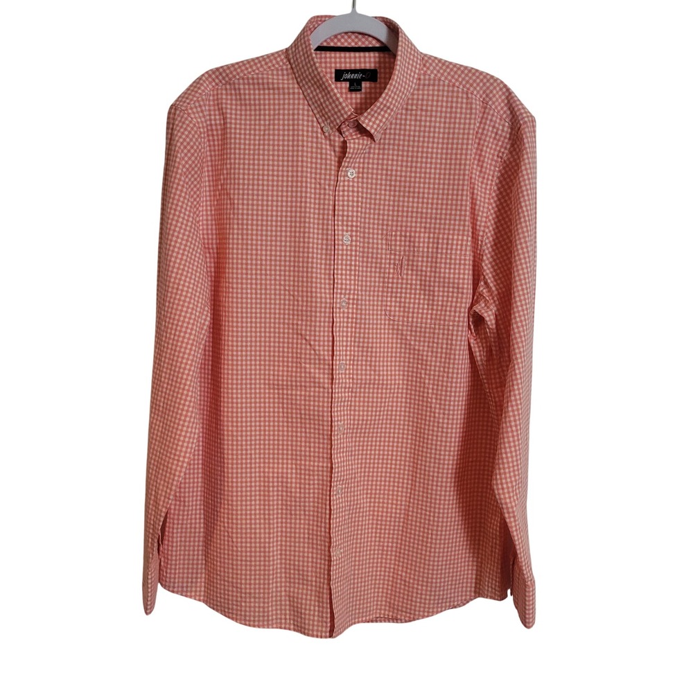 Johnnie-O Mens Gingham Button Down Shirt Coral Reef Orange White Large Preppy